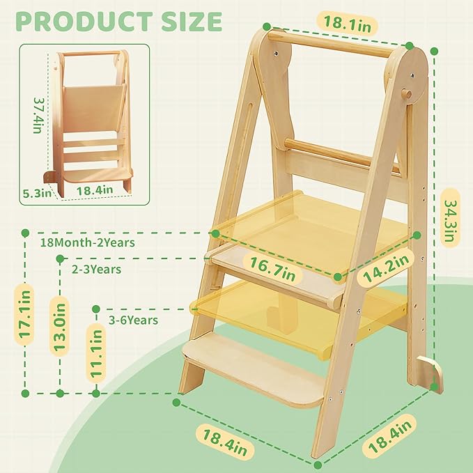 Foldable Toddler Tower 95% Preassembled Kitchen Stool Helper Folding Step Stool for Kids with 3 Adjustable Height Montessori Toddler Standing Tower for Kitchen Counter Sink Natural