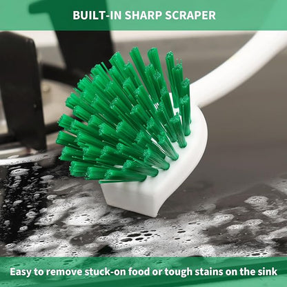 Dish Brush with Handle, 2 Pack Scrub Brushes with Built-in Scraper