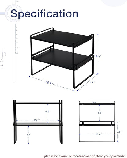 Nxconsu 2Pack Cabinet Shelves Stackable Shelf Organizer Rack Riser for Kitchen Cabinet Pantry Cupboard Counter Countertop Home Organization Storage Space Saver Heavy Duty Metal Nonslip Black Wide