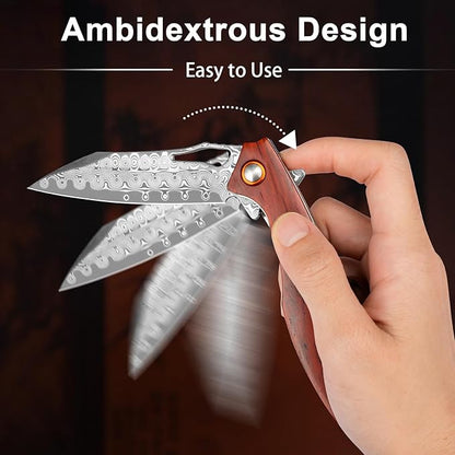 Damascus Pocket Knife 3.5" Damascus Steel Blade Foldable Knives with Wooden Handle EDC Camping Folding Knives for Outdoor Men Women Christmas Birthday Gifts