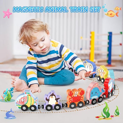 Toys for Toddlers, 11 Magnetic Wooden Sea Animals Train Set, Montessori Toys for Toddlers, Educational Activities for Kids, Birthday Gifts for Boys, Girls