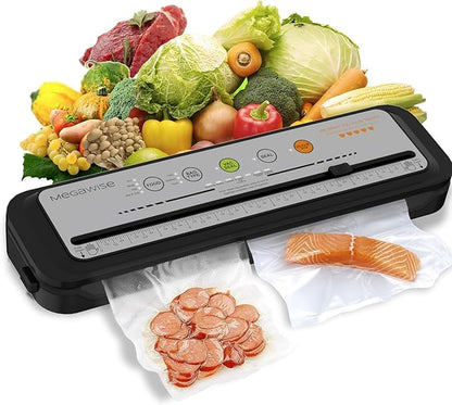 MEGAWISE 2025 Powerful Vacuum Sealer Machine | Compact Design | One-Touch Automatic | Seal in 10-20 Seconds | Dry, Moist, Wet, and Cold Modes | With 10 Vacuum Bags & Built-in Cutter (Grey)