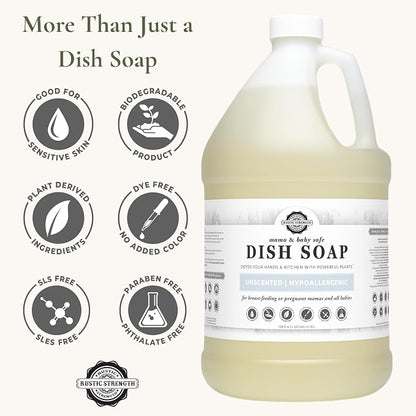 Rustic Strength Natural Dish Soap, Unscented, 1 Gallon Plastic | Gentle on All Skin, Concentrated and fragrance free, Biodegradable Plant-Based Formula