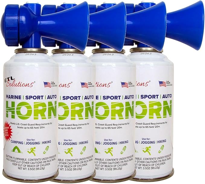 3.5oz Air Horn, Very Loud! Ideal for Marine and Boating, Hiking, Camping, Sports Events, Protect Your Kids From Aggressive Animals! (4 Units)