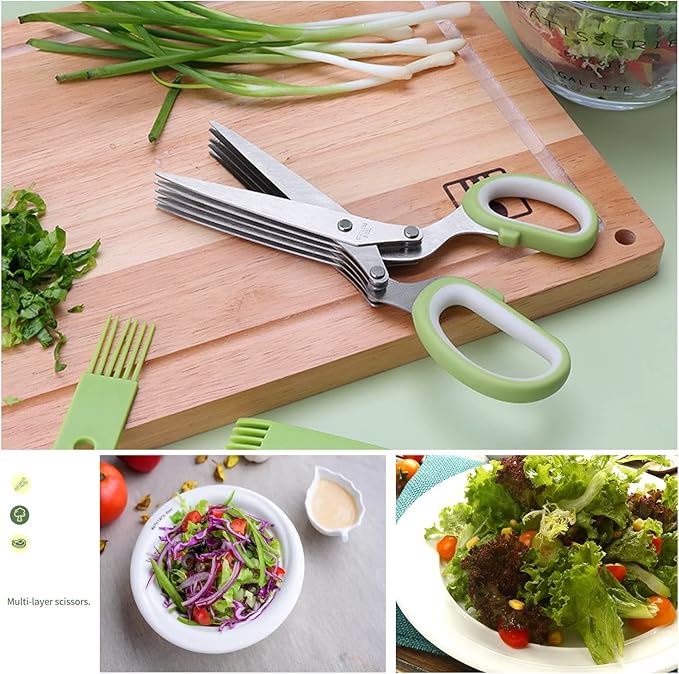 Herb Scissors Set,Multipurpose 5 Blade Kitchen Herb Cutter with Safety Cover and Cleaning Comb for Cutting Shredded Lettuce, Cilantro Fresh, Green Onion Fresh and etc.