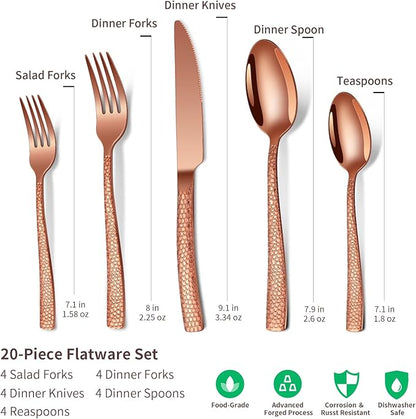 40-Piece Silverware Set, Rose Gold Hammered Stainless Steel Flatware Sets for 8, Food-Grade Tableware Set, Including Fork Knife Spoon Set, Home Kitchen Cutlery Sets, Dishwasher Safe