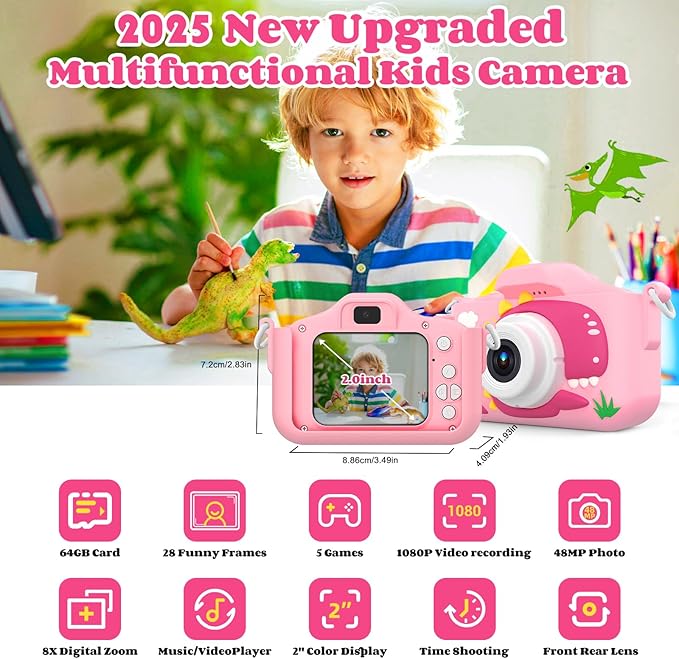 Kids Camera Toys for 3-8 Year Old Girls, 48MP Dual Lens 1080P Toddler Camera for Kids with 64GB SD Card, Kids Digital Video Camcorder Selfie Cameras Christmas Birthday Gifts