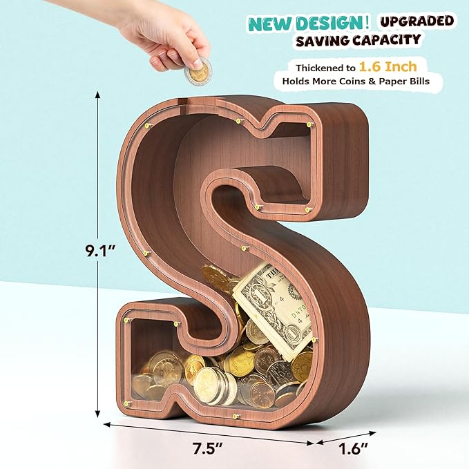 Summidate Wooden Letter Piggy Bank, Extra Thick Large Capacity Piggy Bank for Kids Boys Girls Toddler, Alphabet S Money Bank| Coin Box Birthday, Christmas, Festival