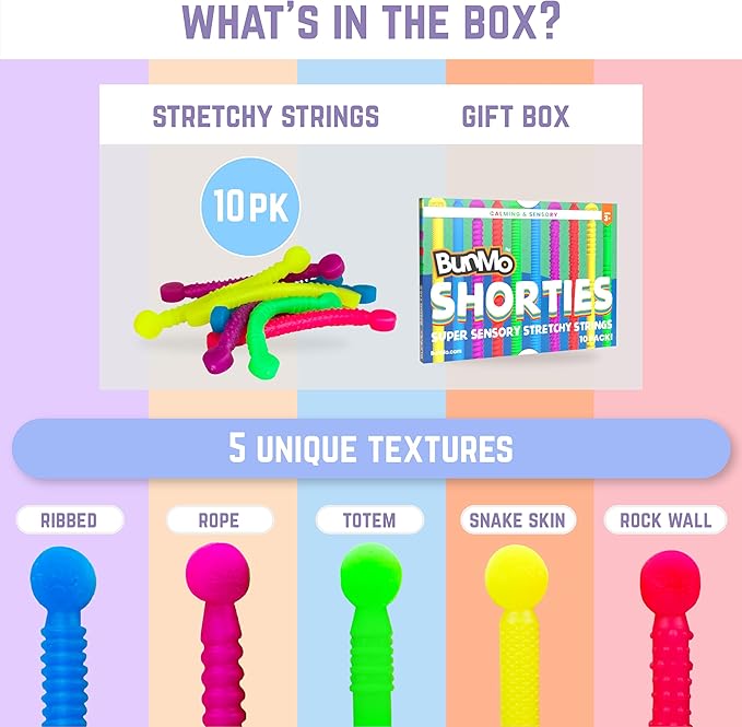 BUNMO Stretchy Strings - Sensory Toys - Stimulating & Addictive Toys for Kids - Fidget Toy - Hours of Fun for Kids - Non-Mouthable Toy 3+ - Mini Sensory 10 Pack