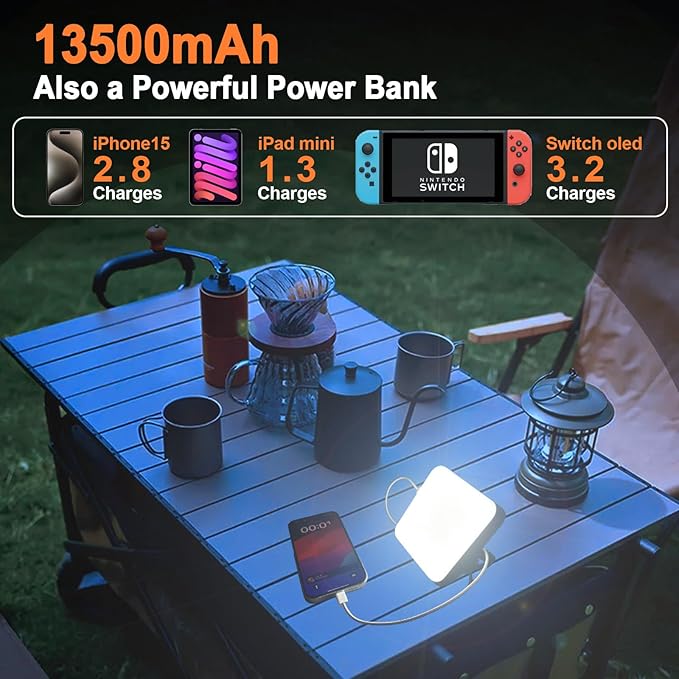 Camping Lantern 13500mAh, 4000LM Bright with 4 Light Modes & Magnetic, Rechargeable LED Camping Light, Power Bank, Power Display, Scalable brightness, Waterproof, for Power Outages, Camping, Emergency