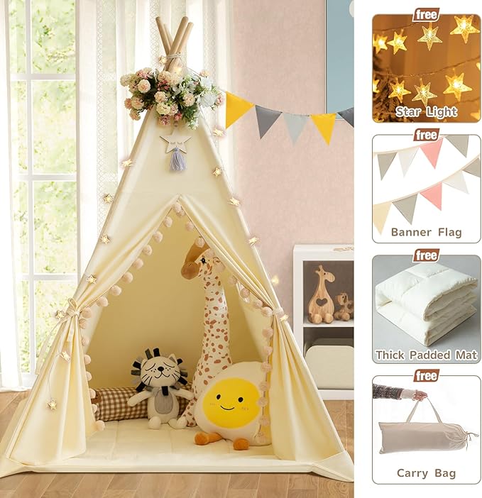 Teepee Tent for Kids with Padded Mat Cotton Canvas Kids Teepee with Pompom for Toddlers Indoor Play Tent for Girls Boys with Stars Lights, Carry Bag, Banner Flag (Cream)