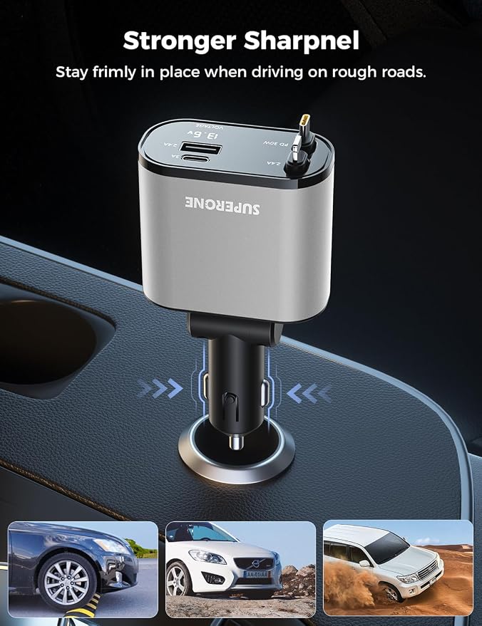 【Upgraded】 SUPERONE Retractable Car Charger 4 in 1, Fast Car Phone Charger with Cord 2.6ft, USB C and Apple Car Charger Adapter, Compatible with iPhone 17/16/15/15 Pro Max/14/13/12/11, Galaxy, Pixel