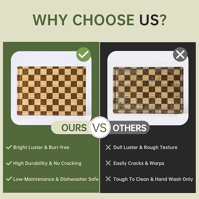 THETCHRY Bamboo Cutting Boards for Kitchen, Checkered Wooden Cutting Board