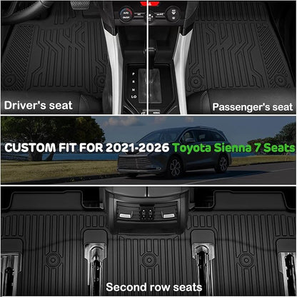 Floor Mats for Toyota Sienna 7 Seats 2021-2025(Not fit 2025 Platinum) Upgrade Trunk Mat All Weather TPE Floor Liners Fit for Sienna XLE/XSE/Limited/Edition Cargo Liner Anti-Slip Full Set Car Mats
