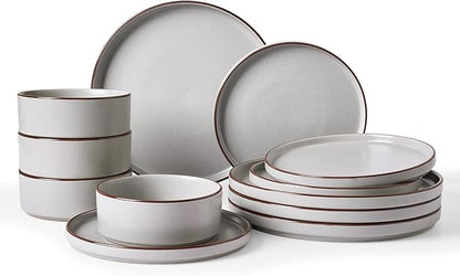 Famiware Nebula Ridge Stoneware Dinnerware Sets, Plates and Bowls Sets for 4, 12 Pieces Dishes Set, Microwave and Dishwasher Safe Kitchen Plates, Light Gray