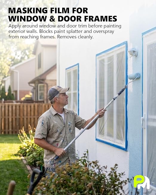 Pre-Taped Masking Film for Painting(1 Roll) - 44" x 66'Painters Plastic Sheeting with Tape and Drape, Painters Drop Cloth for Automotive & Home, Cover for Walls/Floors/Windows/Cars Protection