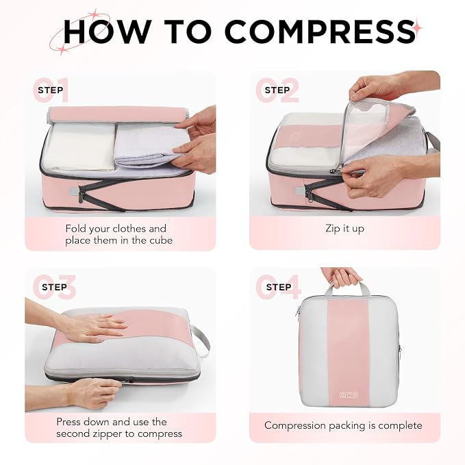 OlarHike 10-Pack Compression Packing Cubes for Travel Essentials,Compressible Expandable Packing Cubes for Suitcase,Luggage Garment Bags for Travel,Handy Helper for Organizing Clothes(Pink)