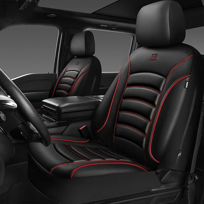CAR PASS 3D Foam PU Leather Car Seat Covers, Universal Seat Covers Front 2 for Trucks SUV Sedan Automotive Seat Covers Armrest Airbag Compatible Waterproof Comfortable Faux Nappa Leather Black Red