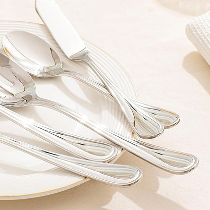 KINGSTONE 45 Piece Silverware Set for 8 with Serving Utensils, 18/10 Stainless Steel Flatware Set, Modern Design Cutlery Set for Home/Hotel/Wedding,Mirror Polished and Dishwasher Safe