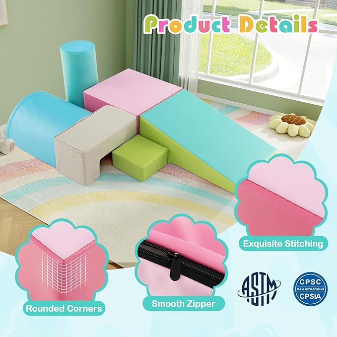 HONEY JOY 6-Piece Climb and Crawl Playset, Soft Climbing Foam Block Activity Play Structure Gym Equipment for Infant Baby, Color Coordination, Waterproof Indoor Climbing Toys for Toddlers (Green)