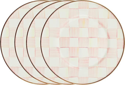 MACKENZIE-CHILDS Enamel Salad and Dessert Plate, Small Plate for Appetizers or Desserts, 8 Inches, Set of 4, Pink-and-White Rosy Check