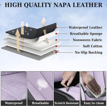 Coverado Universal Seat Covers Full Set, 5 Seats Universal Seat Covers for Cars, Waterproof Nappa Leather Car Seat Covers with Head Pillow, Auto Protectors Fit for Most SUV Pick-up Truck-Black&Purple