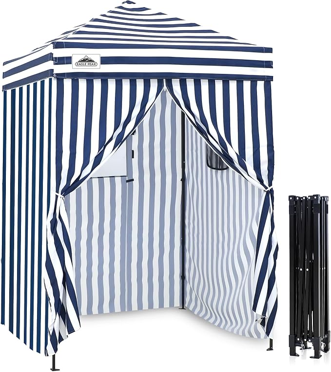 EAGLE PEAK EAGLE PEAK Flex Ultra Compact Pop-up Canopy, Sun Shelter, Changing Room, Portable Privacy Canopy Cabana, 5x5ft Canopy Tent, for Pool, Fashion Photoshoots, or Camping White/Blue