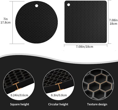 4 Pack Silicone Trivets for Hot Pots and Pans, Black Hot Pads Pot Holders, Non-Slip & Heat Resistant Silicone Mats for Kitchen Counter, Soft Durable Drying Mat, Jar Opener and Coasters, Black