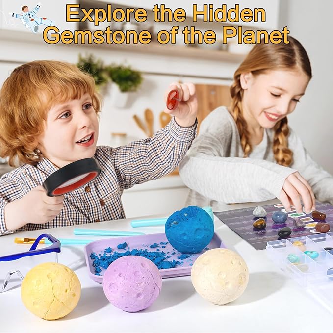 QLKUNLA Gemstones Dig Kit, Excavate 24 Real Gems in Solar System STEM Educational Space Toys for Boys & Girls Archaeology Geology Science Project Gift