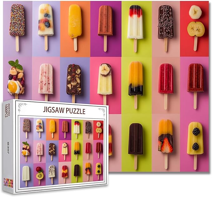 Various Types Shapes of Popsicles Jigsaw Puzzle，Cool Summer Popsicles 1000 Pieces Jigsaw Puzzles for Adults，27 x 20 Inches Puzzles ，HD Quality Colorful Puzzle Gift，Family Activity for Game Night