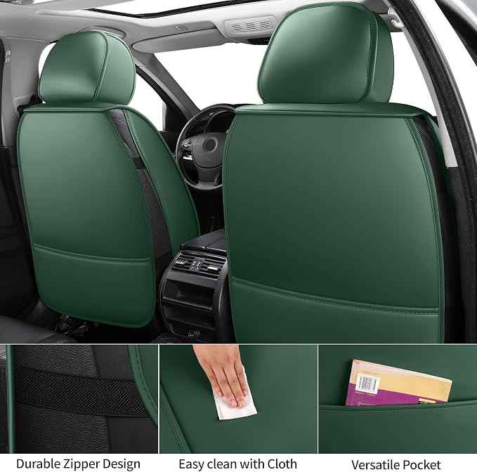 Front Car Seat Covers Set of 2,3D Contoured with Lumbar Support Waterproof Nappa Leather Automotive Seat Covers for SUV Truck Sedan,Universal Anti-Slip Seat Cover with Backrest Style2 Dark Green