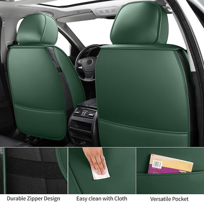 Front Car Seat Covers Set of 2,3D Contoured with Lumbar Support Waterproof Nappa Leather Automotive Seat Covers for SUV Truck Sedan,Universal Anti-Slip Seat Cover with Backrest Style2 Dark Green