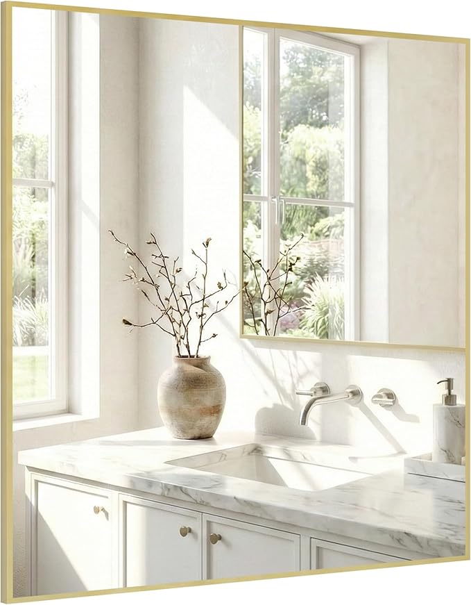 36"x36" Large Gold Wall Mirror, Metal Framed Bathroom Vanity Mirror, Oversized