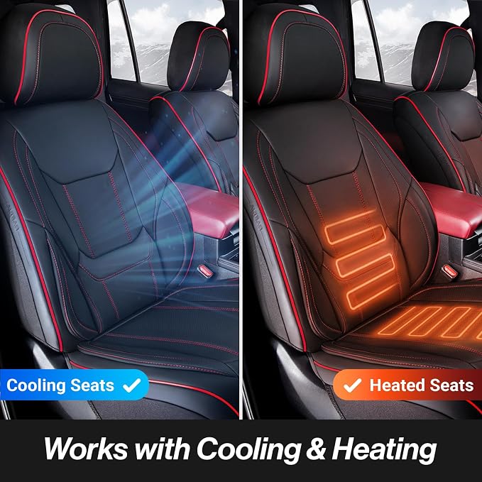 Coverland Custom SUV Car Seat Covers Front Seats for [2014-2026 Nissan Rogue] - Protector Water Resistant Leather Memory Form Back Support Seat Cushion [Front - Black with Red Stitching]