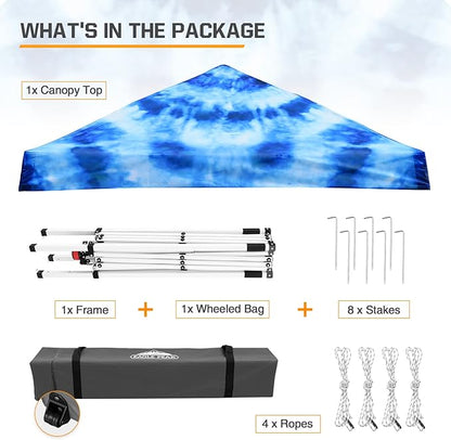 EAGLE PEAK 10x10 Slant Leg Pop-up Canopy Tent Easy One Person Setup Instant Outdoor Beach Canopy Folding Portable Sports Shelter 10x10 Base 8x8 Top (Tie Dye Blue)