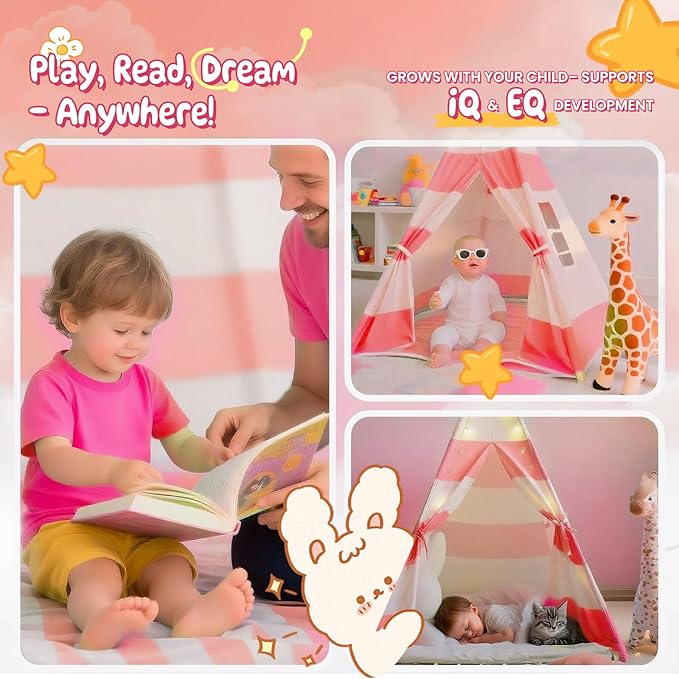 Teepee Tent for Kids with Padded Mat, Lights, and Carry Bag, Washable Playhouse for Indoor Use, Ideal Play Tent for Girls and Boys, Stripe Pink