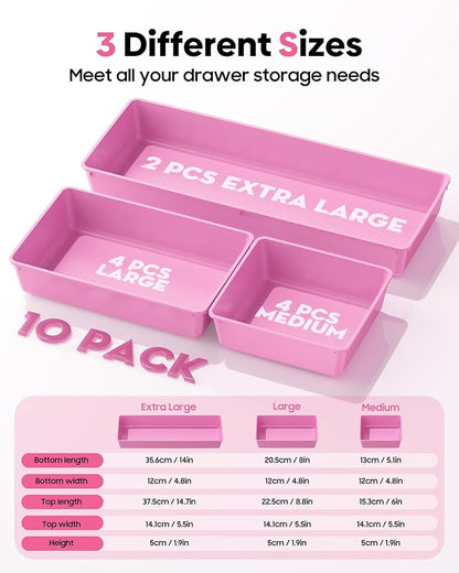 10 Pack Large Size Plastic Drawer Organizers Set, 3 Sizes Desk Drawer Organizer