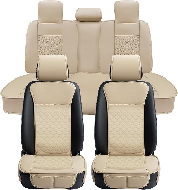 Elantrip Car Seat Cover Full Set Leather Car Seat Protector Universal fit for Most Cars SUVs and Trucks Water Proof Front and Rear Seat Protector Beige