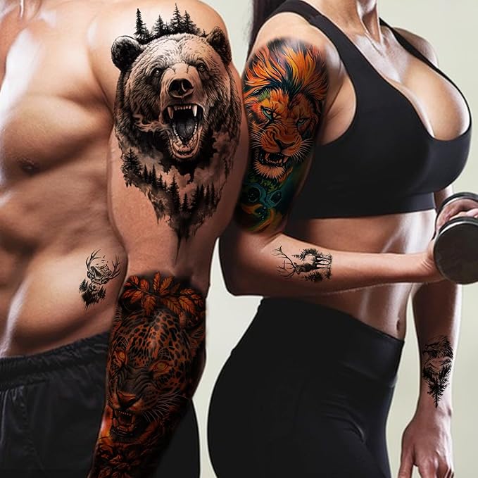 77 Sheets Forest Animals Temporary Tattoo for Women Men, 17 Sheets Half Arm Large Lion Tiger Wolf Fake Tattoos, 60 Sheets Black Skull Owl Bear Tiny for Adult Kids Body Tattoos Stickers Realistic