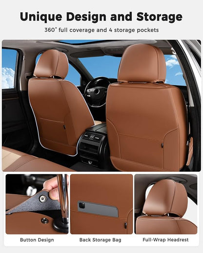 Huidasource Front Seat Covers, Universal Fit for Most Cars SUV Trucks, Full Coverage Leather Seat Cover, Airbag Compatble, Seat Function Retain, Storage Pocket Design, Easy to Install, Brown & Beige