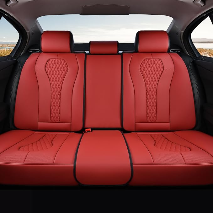 Coverado Car Seat Covers, Rear Car Seat Cover, 3-Pieces Leather Seat Cover, Red Car Seat Cushion, Luxury Seat Cover Seat Protector Universal Fit Most Cars