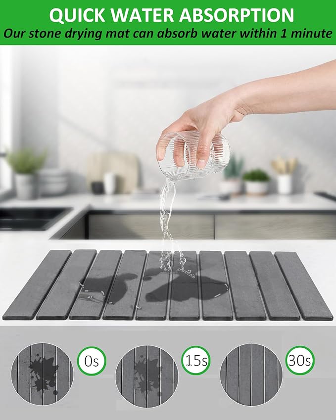 Large Stone Dish Drying Mat for Kitchen Counter, 24x16 Inches Foldable