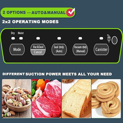 Precision Vacuum Machine,Pro Food Sealer with Built-in Cutter and Bag Storage(Up to 20 Feet Length), Both Auto&Manual Options,2 Modes,Includes 2 Bag Rolls 11”x16’ and 8”x16’,Compact Design