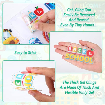 MARFOREVER 50 PCS Back to School Window Thick Gel Clings Stickers Reusable School Window Clings Decals for Welcome Back to School Party Supplies Wall Glass Blackboard Decorations