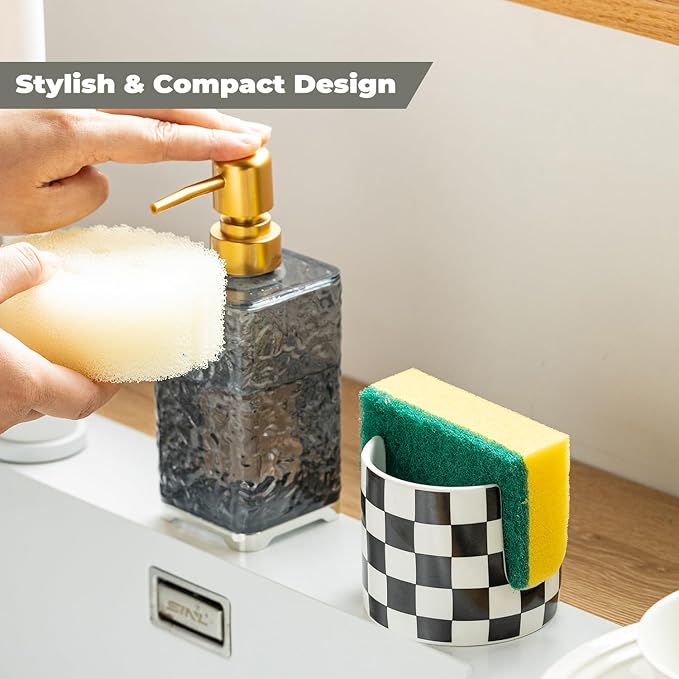 Zoeeker Checkered Kitchen Sink Sponge Holder, Dish Sponge Rack Ceramic Brush