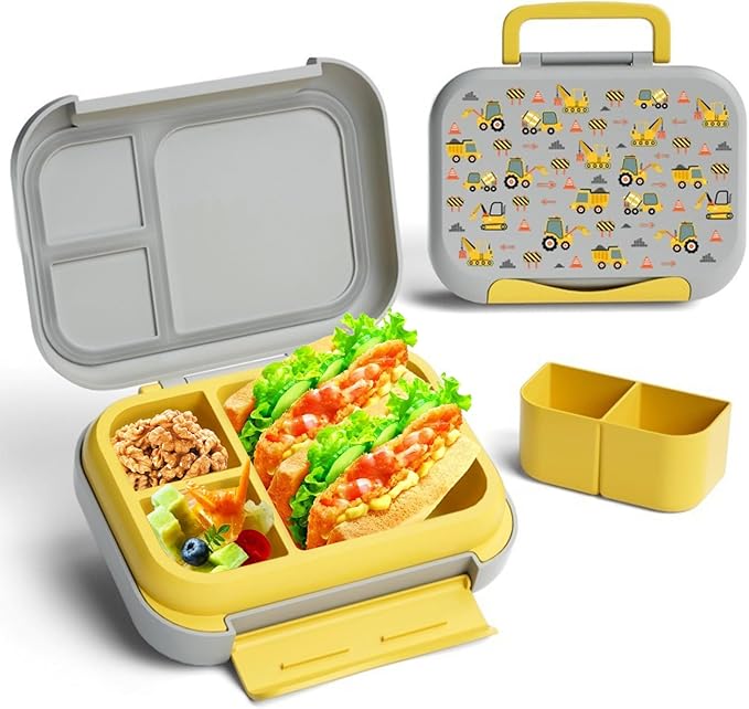 Prints Leak-Proof XL Lunch Box - Reusable 3-Compartment Containers Bento Box for meal Prepping;5-Cup Capacity for Adults & Ages 8+, BPA-Free, Dishwasher Safe (Yellow - Trucks)