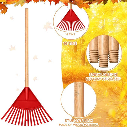 Macarrie Pack of 3 Kids Rakes with Hardwood Handle Lawn Garden Rake for Kids Gifts to Sweep Fall Leaves in Lawn and Tidying up The Garden Made of Wood and Plastic, 34.6 Inch(Red)