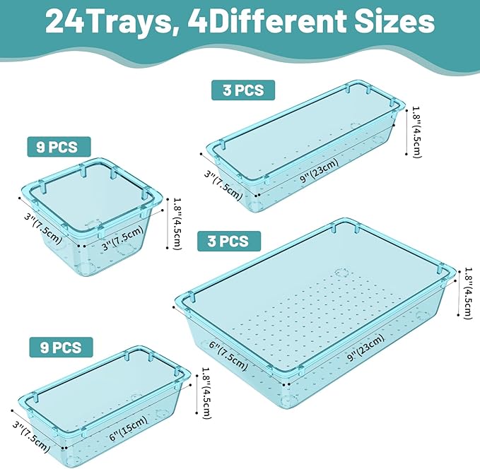 WOWBOX 24 PCS Plastic Drawer Organizer Set, 4 Sizes Desk Drawer Organization