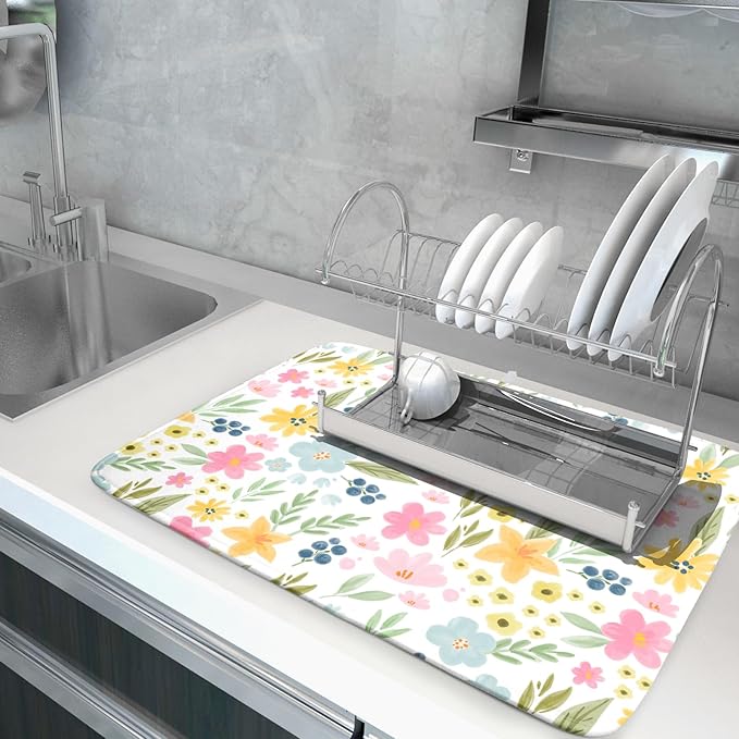 Spring Dish Drying Mat for Kitchen Counter Cute Floral Summer Holiday