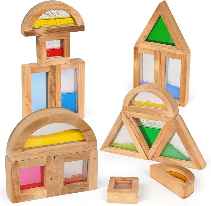 AXEARTE Large Rainbow Sensory Toys Wooden Building Blocks for Toddlers Baby Kids, 16 Pcs Colorful Geometry Stacking Construction Toy Set, Preschool Educational Toy for Boys & Girls